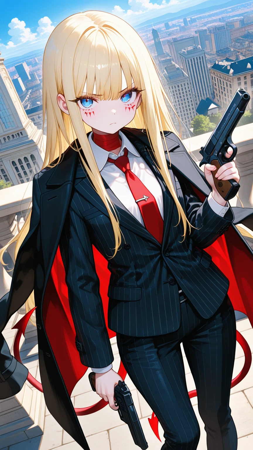 Just One Woman, Very handsome men, Blonde Long Hairstyles, Red eyes, Wearing a black suit and black wings, Vampire atmosphere
