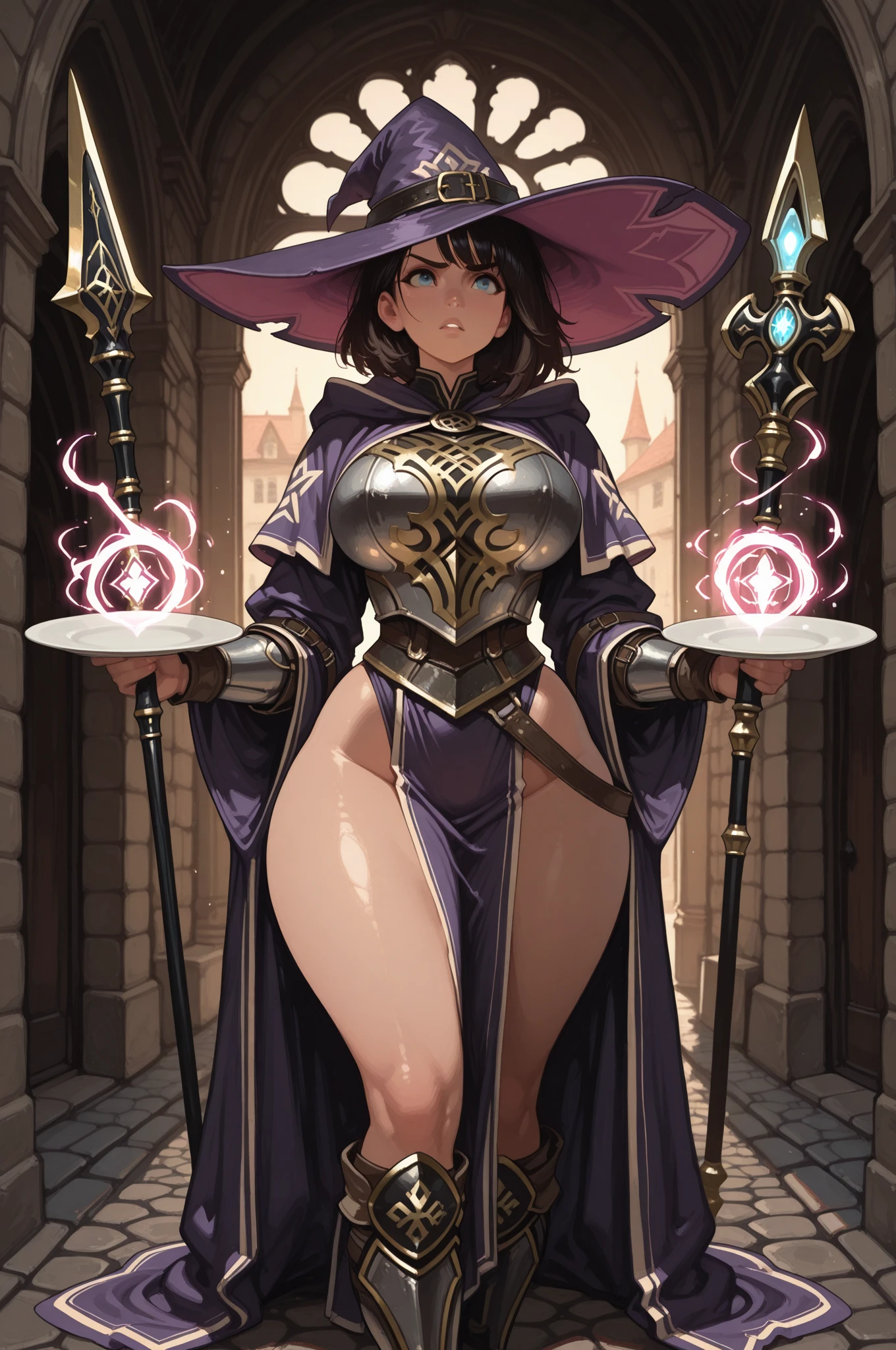 (masterpiece:1.2), (best quality:1.2), perfect eyes, perfect face, perfect lighting, 1girl, mature female white mage casting a holy spell, short black hair, pompadour cut, whm_glam, robe, belt, straps, necklace, earrings, tiara, wizard hat, detailed background, concentration, makeup, eyeshadow, thick eyelashes <lora:whiteMageFashion_v10:0.3>