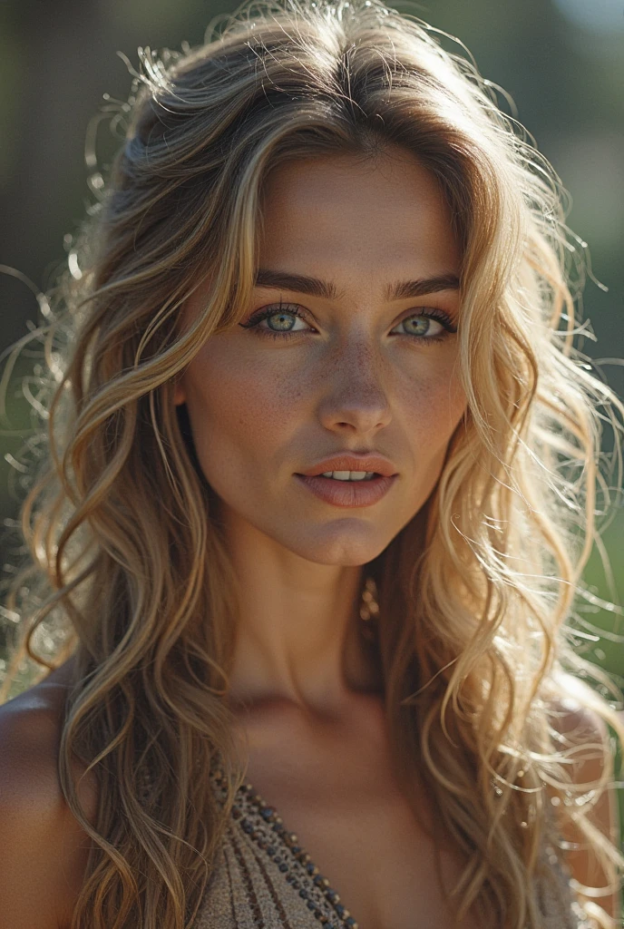 Cinematic soft lighting illuminates a stunningly detailed and ultra-realistic beautiful Eastern supermodel, beach look, long messy windy brown hair, clear honey eyes, captivating perfect smile, sensual, hot woman, gorgeous, that is trending on ArtStation. Octane is the perfect tool to capture the softest details of this 16k photography masterpiece.