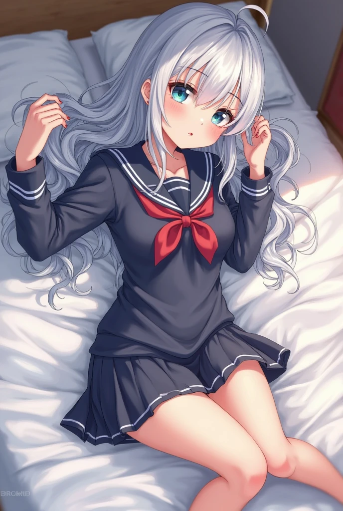 one girl, black sailor uniform, plaid skirt, long sleeve, naive, cat ears, thirteen years old, long hair, light blue eyes, white hair, aphrodisiac, heart mark, hypnosis, on bed, wariza
