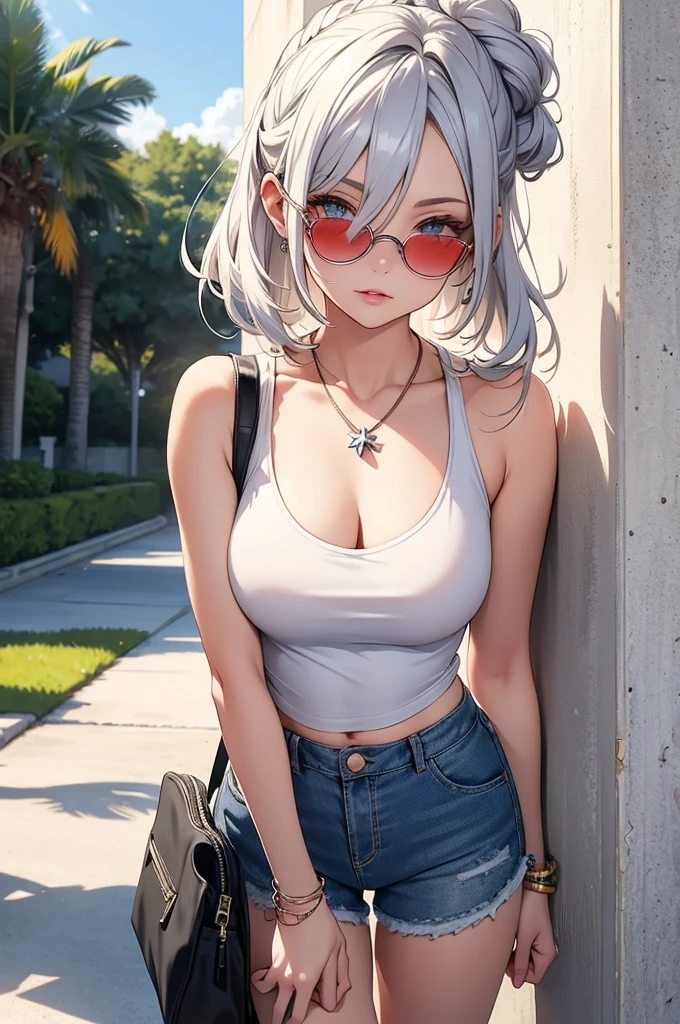 Meisterwerk, Atemberaubend realistisch, fotorealistisch, 12K-UHD, best quality, Sharpness, scharfes Gesicht, 女の子1人,Noelle Silva,big boobs,silver hair,purple eyes,Stehend in einem Garten mit Pool,full entire body,cropped knitted sweater,micro ripped denim shorts,silver necklace,arms behind back