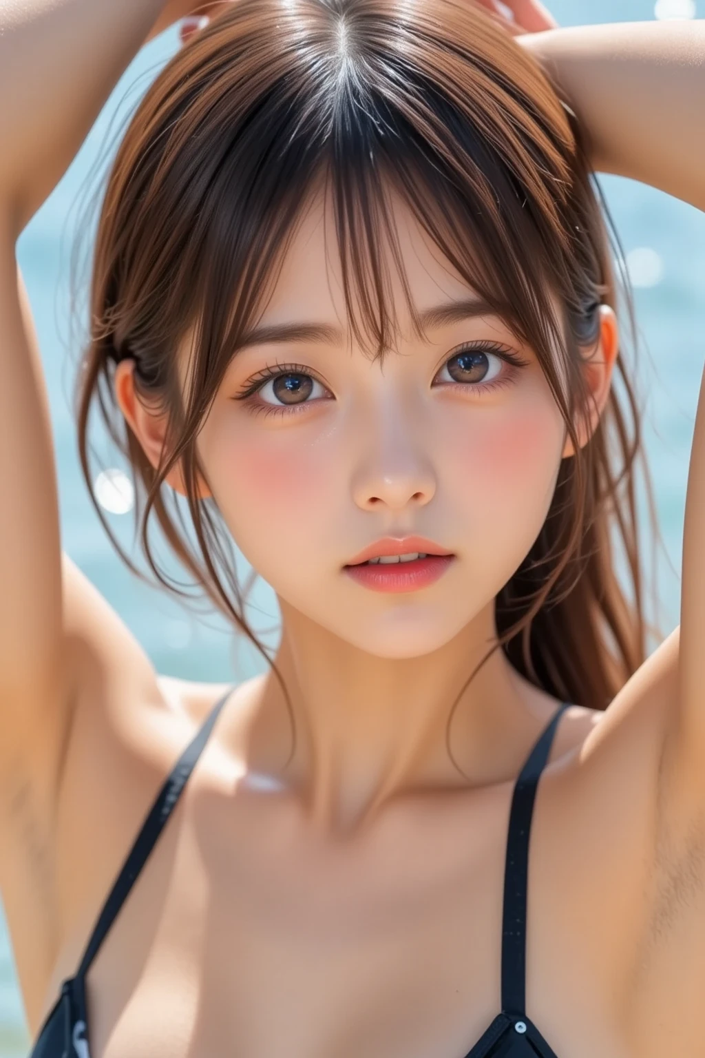 (masterpiece, best quality:1.3), 8k, official art, raw photo, absurdres, delicate girl, (close up, cute face:1.2), white bikini, cinch waist, large breasts, bangs, violaceaess, gardeniass, (solo, beach, horizon, beautiful sea, sky, sunny day:0.8), (simple background:1.4), (bokeh background:1.3), facelight, teen, looking at viewer, thin arm, film grain, chromatic aberration, sharp focus, dynamic lighting, (detailed face:1.2), (smile:0.3)