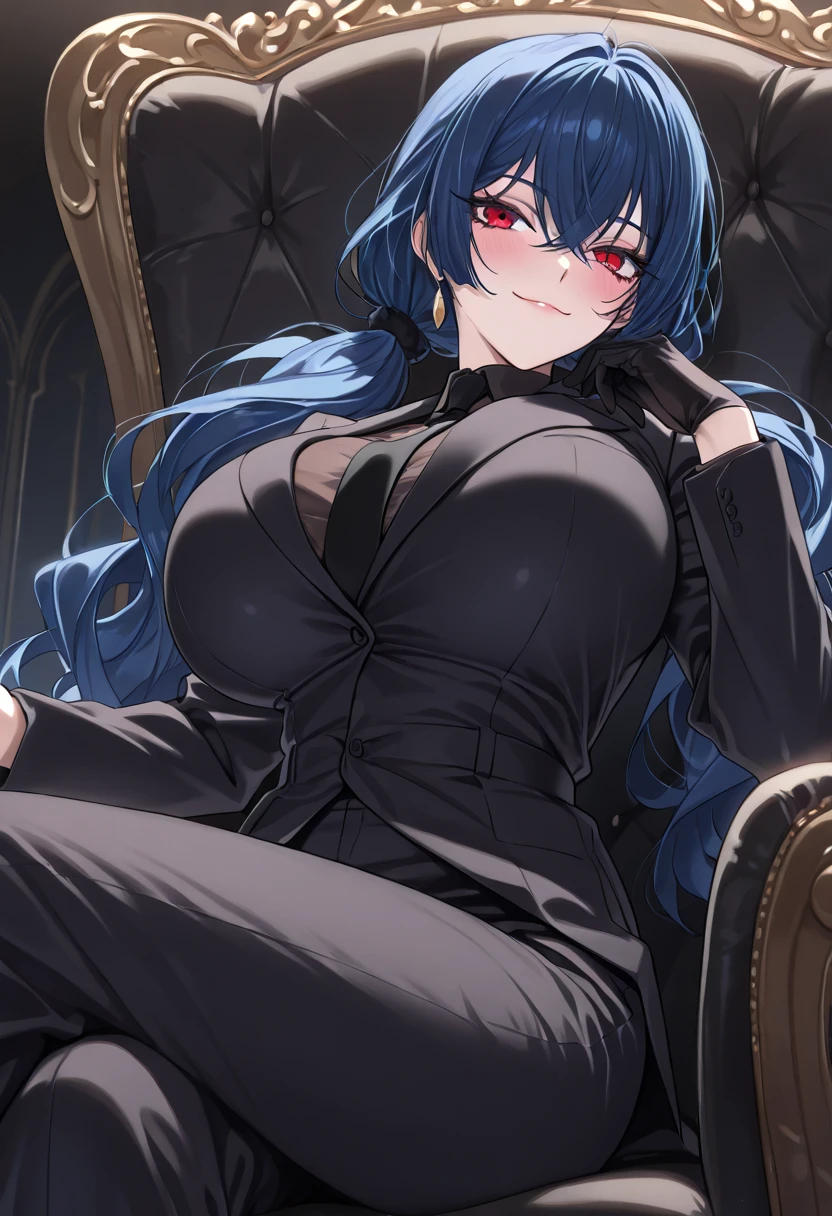 (best quality, highres, masterpiece : 1.4), (arknight), (flatten art : 0.8), masterpiece, (best quality), dark environment, 1woman, anime, long hair, deep blue hair, ponytail hair, side bang, pale skin, red eyes, large breast, slight smile, (detailed face), night, bedroom, close-up, hentai, seducing, alluring, enticing, cowgirl position, sex, porn
