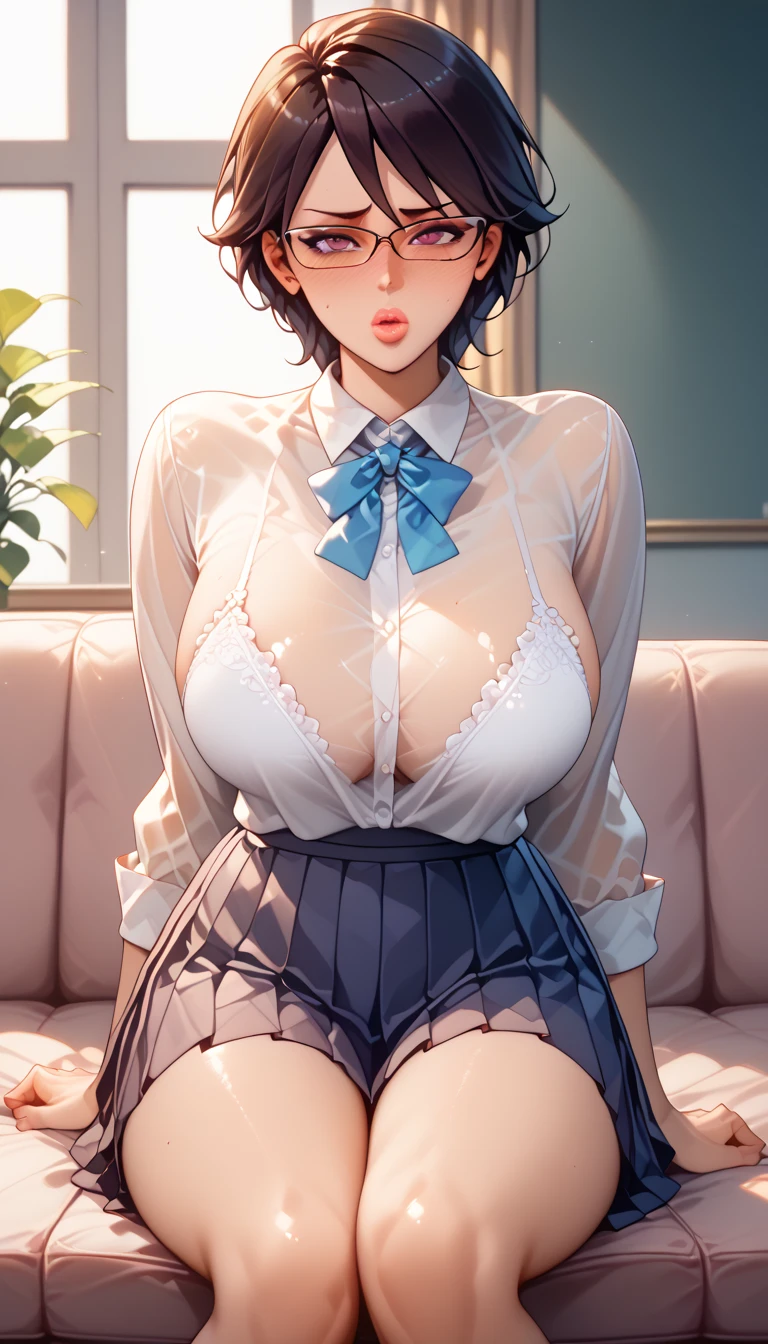 ((((Front angle:)))、(masterpiece, Official Art), One Girl, Black Hair, blue eyes, hair ornaments, Hair Clip,  (school uniform), (shirt), (tie), (skirt), (Huge breasts), very good、sunlight,classroom、During class、 View Audience, Grin,Cum on face、 Charm, blush, Charm服, , (Place your hands between your legs), (Sitting on a chair、Put your chest on the desk),White panties、Short Bob、Sticking out your tongue、Dripping a huge amount of saliva、Peeing、squirt pee、tits 、titsをテーブル机の上に胸を置く、nsfw