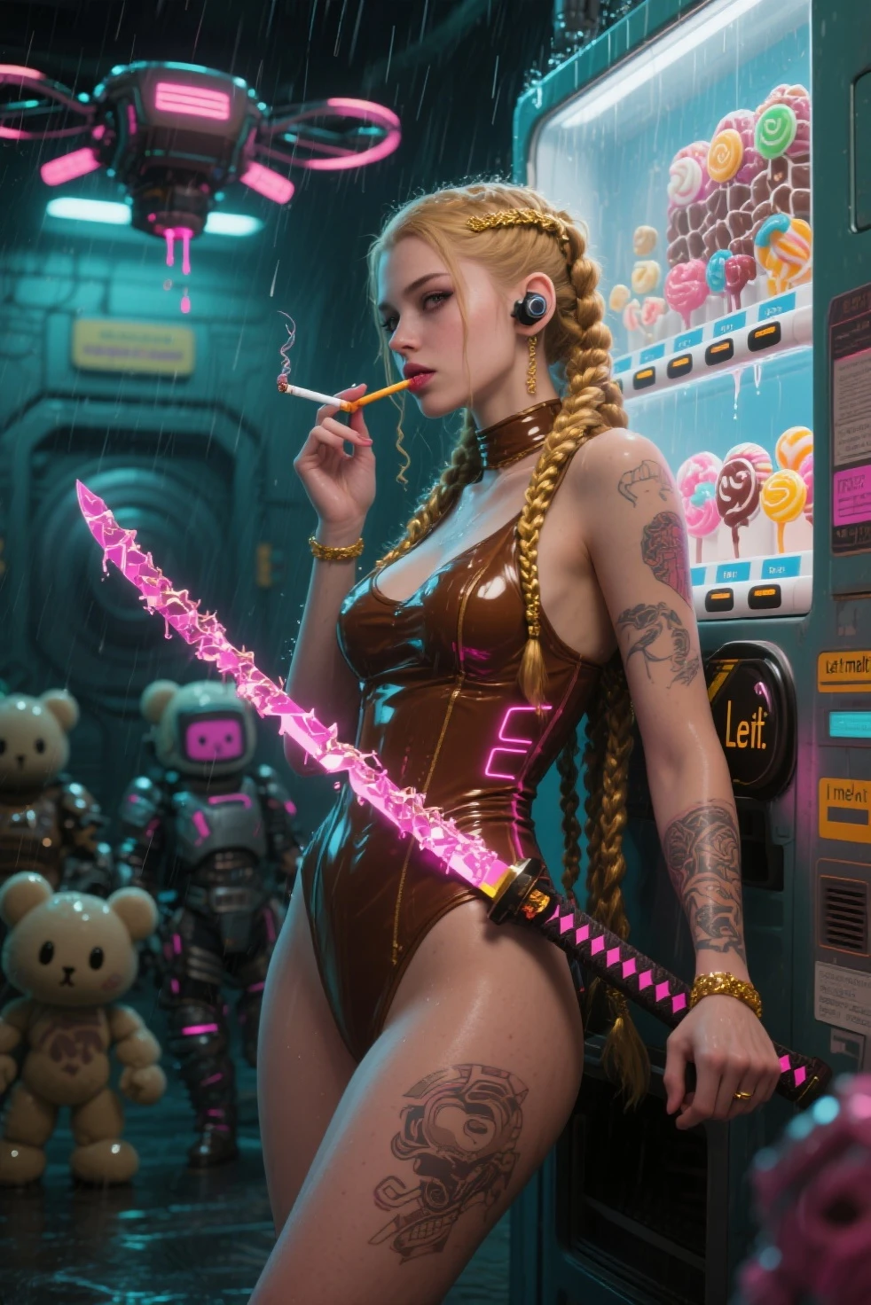 analog style, woman, (thepit bimbo:1.2)), blue eyes, hoop earrings, detailed, skin texture, blonde hair, full lips, full body perspective, collar, pink jacket, centered, tan skin, looking at viewer, kneesocks, 8k, highly detailed, glossy, [Nina Dobrev|Emma Stone], symmetric, realistic, photo-realistic, cleavage focus, pout, ripped jeans, studio lights, wide hips, glowing colors, glowing skin, wavy hair, cyberpunk, breast enlargement, fingerless gloves, neon lights, black sleeves, belt chain, black boots, punk boots, platform boots,