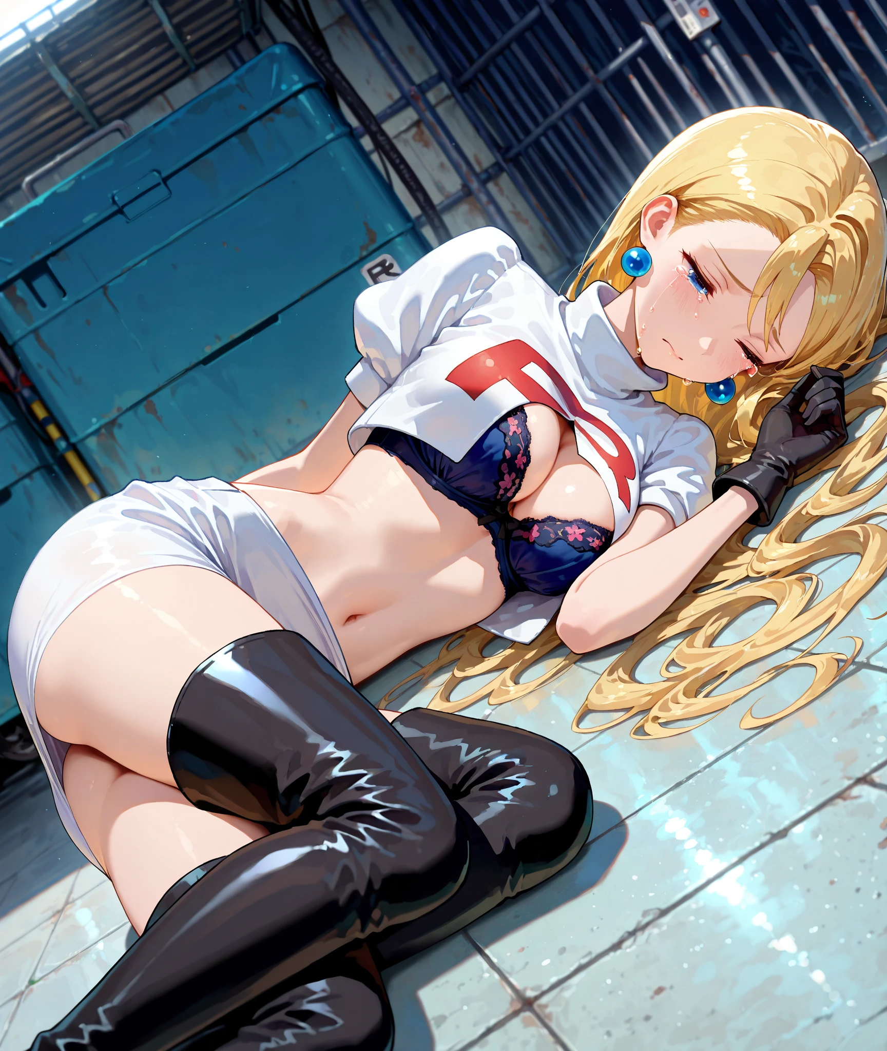 Shiny blond hair, very long hair, sophisticated haircut, ((((hair fully braided)))), ((small twisted braids)), thin and oval face, submissive, (((gagged))), ((((denim jacket)))), cute and blushing 18 years old anime girl, look away because she is embarrassed and blushes, bright blue eyes, detailed face, detailed members, detailed arms, detailed hands, ((((sparkling diamond jewelry)))), tiara, ((makeup)), high heels, puffy sleeves, long gloves, long eyelashes, Girl lying, tied by ropes, shackled, can no longer move, tied tightly, very hard tied up with lots of ropes, hampered by so many ropes that she can no longer move, bound hands and feet, ropes tie his whole body, tied extremely tightly and forcefully to her bed by a lot of ropes, its limbs are strongly tied together by ropes, his torso is tied up with thick cords, her chest is so tied up with ropes that it sticks out, her legs are tied tightly with thick ropes, his hands are tied behind his back with ropes, she can no longer move her feet, her hands which are tied by thick ropes, she desperately tries to free herself, likes to be tied tight with big ropes, likes to be immobilized by big ropes, lying down, his hands and feet are strongly tied to the railing of his bed, his legs are pressed together and tied with ropes, its limbs are held vigorously by imposing ropes, her hands are tied securely behind her back by ropes, her chest is compressed by strong ropes, she is pressed against her bed and restrained by large ropes (shibari, arms behind the back:1.4), (hands on the back), (masterpiece, best quality) 1.5, 1girl, solo, (sexy, beautiful woman, perfect face, perfect eyes, perfect hands), samus aran, (shibari, arms behind the back:1.4), (hands on the back), Spread the legs, s&#39; ((lie in bed by big ropes)), ((close up of the girl)), ((((lie in bed)))), SFW