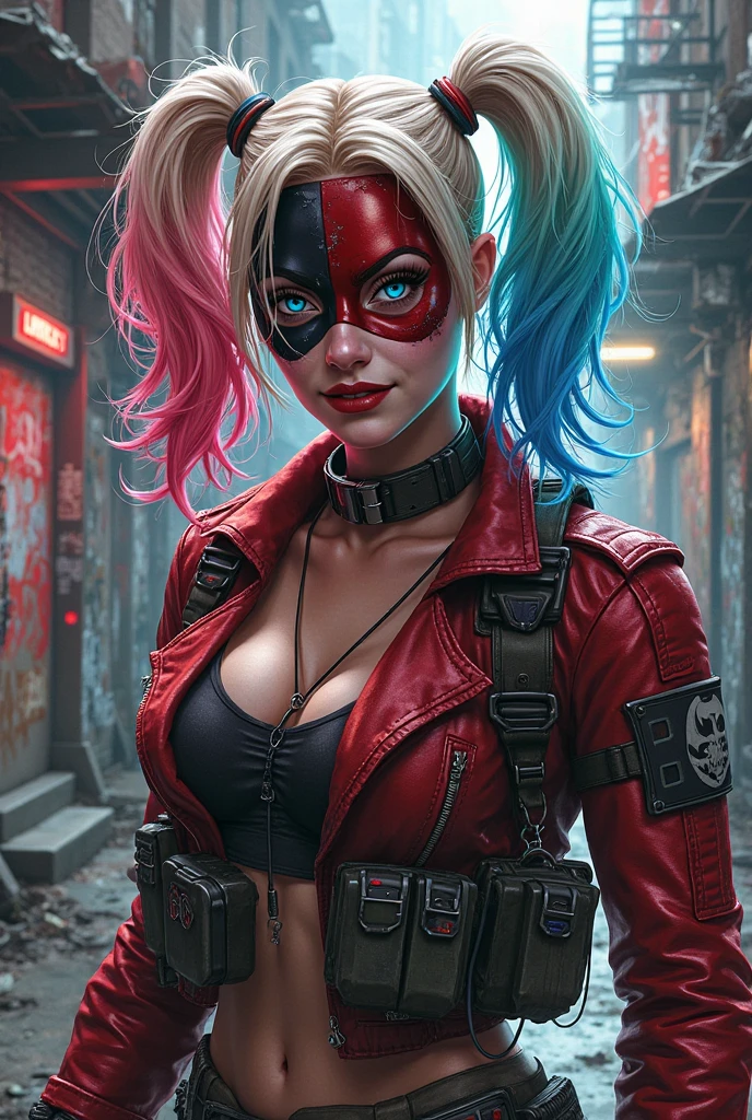 Harley, multicolored hair, makeup, twintails,
standing, upper body, close up, open mouth, teeth, smile,
QJustice, goggles on head, belt, pants, black gloves, corset, holster, open cropped jacket, navel, cleavage,
nighttime, explosion,
(insanely detailed, beautiful detailed face, masterpiece, best quality),
<lora:HarleyQuinn-10v3:0.8>