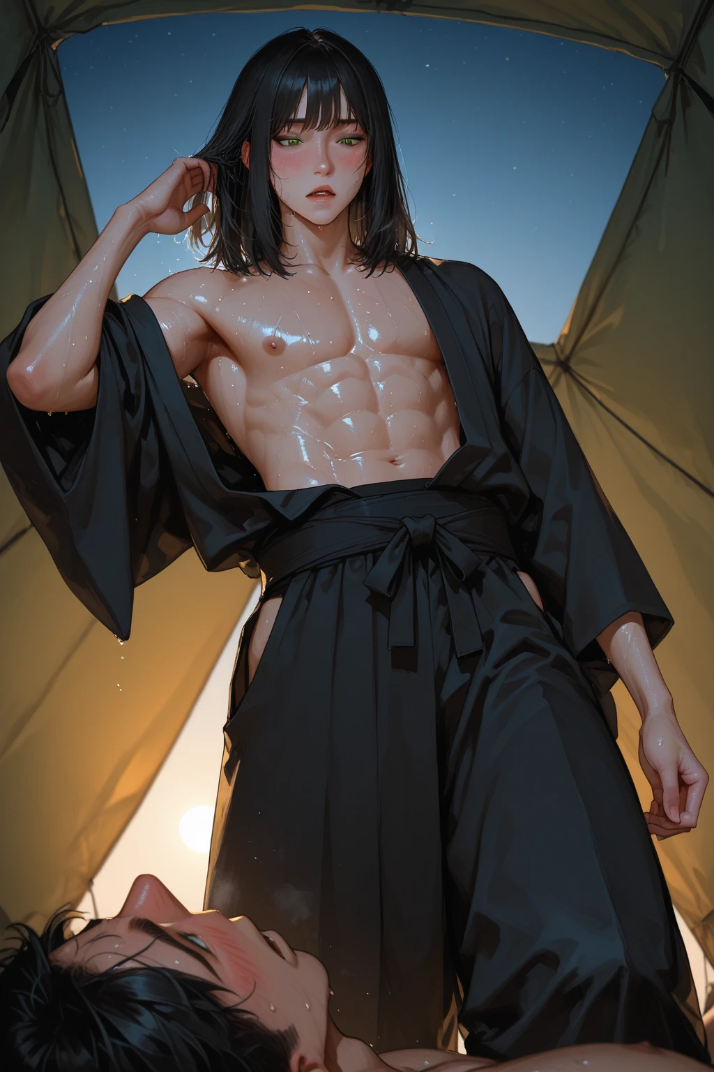 (photorealism:1.2) Jungkook in an open black bathrobe and long wet black wolfcut hair, tattooed hands, Whole body, looking straight ahead.
