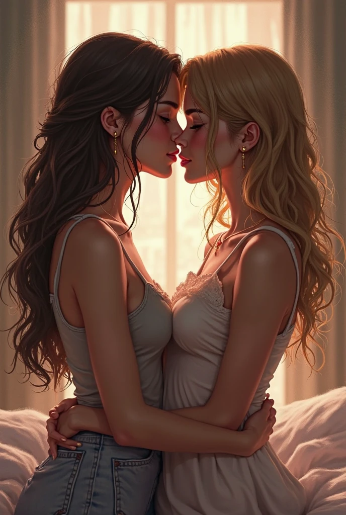 Female couple kissing naked woman in bed, (SFW) Work, kissing together cutely, Girl Love Art, OPPEIN, Side milk, Slightly saggy big breasts, small breasts, (((Extra long yellow curly hair))), (((Brown shoulder-length straight hair))), (girl love kiss), The mouth is very detailed, (girl love hug), (/touch her clothes, /touch her breasts), safe for work version