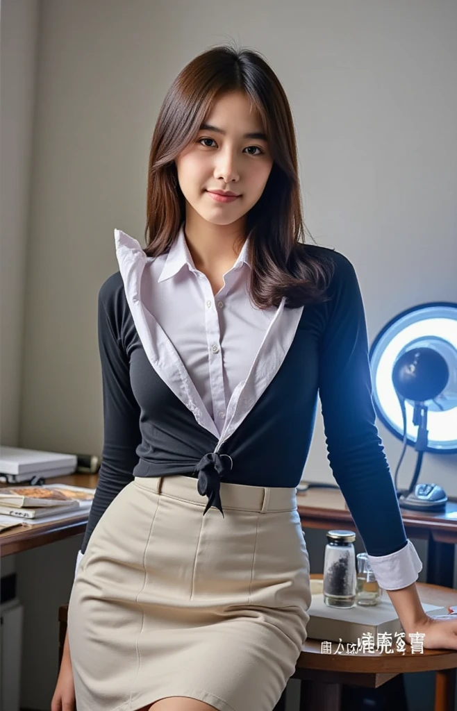((Highest quality, 32k)), ((masterpiece)), (Familiar), Perfect Face, Fox Girl, Pretty girl, Office Lady, indoor, Has one tail, She has a northern fox tail, She stretches out her fluffy tail, Beautiful hip line, Thick thighs, She is wearing business pants, His pants are torn and his tail is sticking out, A large tail sticks out, Waving his tail happily, She only has one tail, Smiling Kindly
