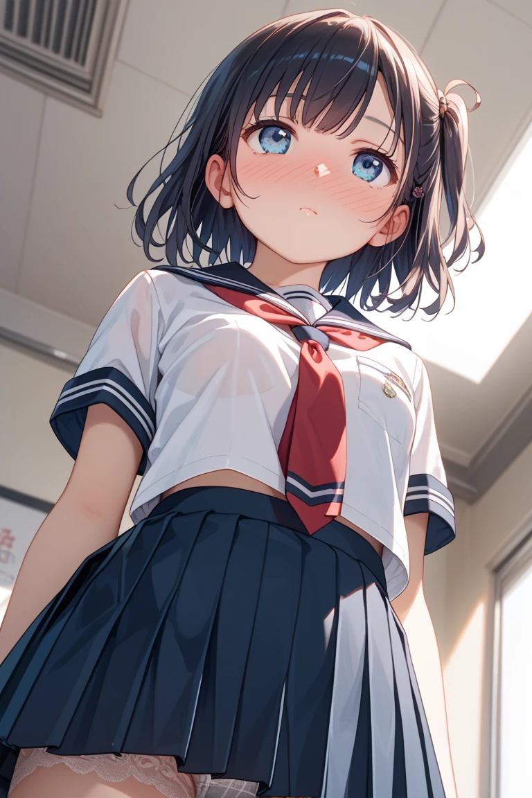 nsfw,alone, (One girl), single, , ((White panties)), (wearing only the top half of sailor school uniform), Sailor with un-folded hems, sexy, (Cowboy Shot), ((Put your arms behind your head)), classroom, With a girl:Her hair is long and black, Her face is round and cute。It's below the knee。The shoes are black loafers。The girl had a surprised look on her face, Joy and emotion.、With eyes wide open, Open your mouth, Tears were reddening her cheeks, The cheeks and hands are drawn large., Black Hair, Low twin tails, (Are standing),(Shy, Embarrassing),((From below:1.2,Looking down:1.2, Watch with a viewer:1.2))