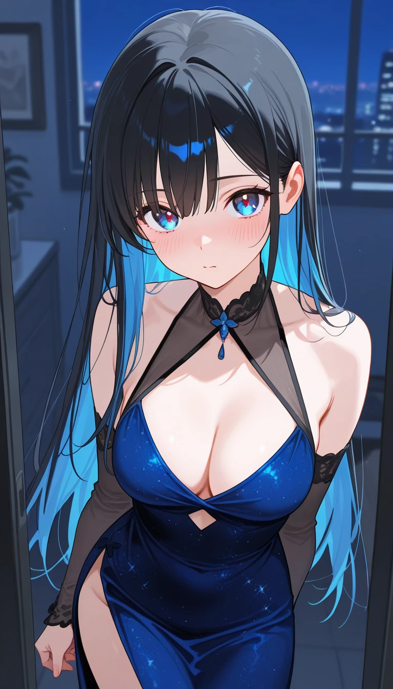 The best quality, high resolution, detailed 4k CG, masterpiece, amazing art, fine details, high details, complex details, blue long hair, girly feeling, big eyes, pure desire, lovely, young and beautiful，Beauty with pubic hair，Expose navel，Shy girl，Big chest，Untidy clothes