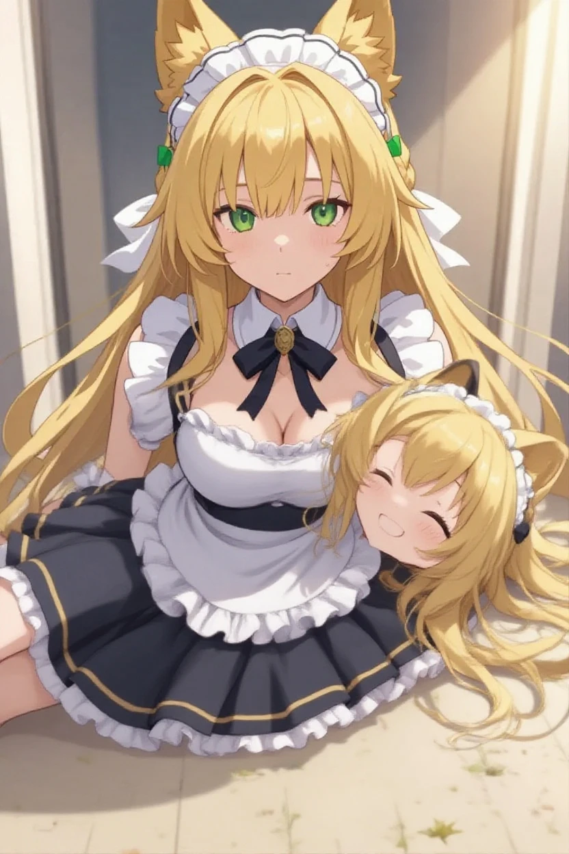 One Woman、Blonde Hair、long hair、Hair between the eyes、Braid、Blue Eyes、Big Breasts、Huge breasts、Turtleneck sweater、Green clothes、Lie down in bed、Angle from above、Sleepy eyes、A seductive appearance、blush、smile、