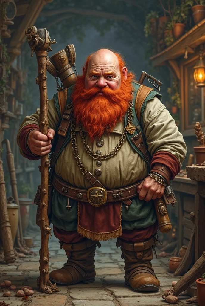 man, Viking, short stature, Age 60 years, strong, thick, big breasts, big belly, Red hair, big red beard, thick body hair, густые Red hair на груди, густые Red hair на животе, густые Red hair на лобке, густые Red hair на яйцах, thick hair on arms, thick hair on legs, tattoos on body, Tattoos on the torso, without outerwear, only in a short, hip-length skirt made of green fabric, the skirt is held up by a leather belt with a gold buckle, in a medieval pub, sitting on a bench, holding a wooden mug with beer, night, warm light from kerosene lamps
