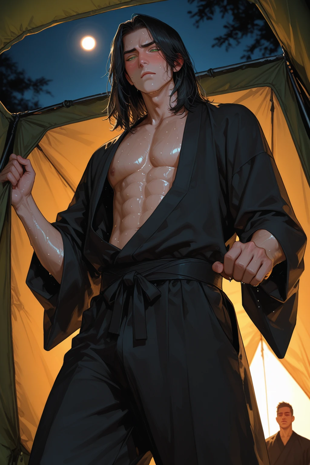 In a dark cave prison, with his shoulders hunched, his head bowed, and sweat dripping from his face, he looks as if he is about to collapse, and is standing naked in only white briefs, with a painful and pitiful expression on his face; he has an S mark on his chest and a glowing green necklace; he is Caucasian, middle-aged, solidly-built, with black hair with white sides; there are iron bars and businessmen watching him from outside.