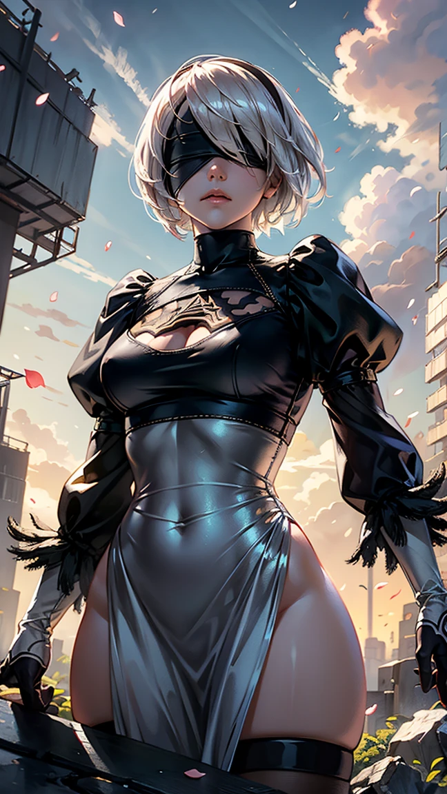 (masterpiece, best quality, highres, high resolution:1.2), extremely detailed, realistic, intricate details, 1girl, solo, looking at viewer, cowboy shot, standing, hm2b, light blue eyes, clothing cutout, long sleeves, puffy sleeves, juliet sleeves, feather trim, black thighhighs, black gloves, covered navel, (white_leotard:1.2), <lora:y2b_v2-1:1>, outdoors, dystopian, ruined city, (cinematic lighting, bloom, volumetric),