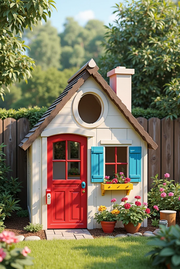 An image of the character putting together a small children's playhouse, with colorful panels and a smiling face on the door.,original,Very swedish! Blue and yellow. Absolutely Scandinavian. Very hot. Very beautiful.