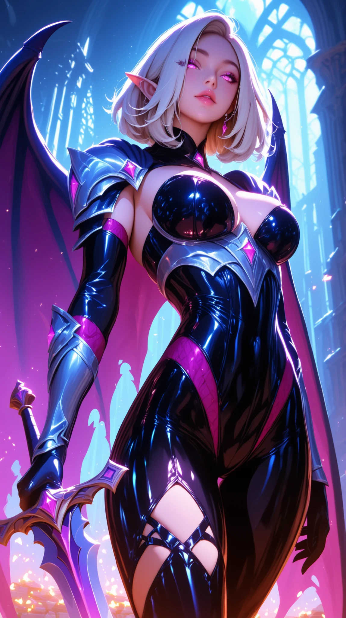 Sexy female drow with short silver hair and dark purple skin, sexy female body, erotic