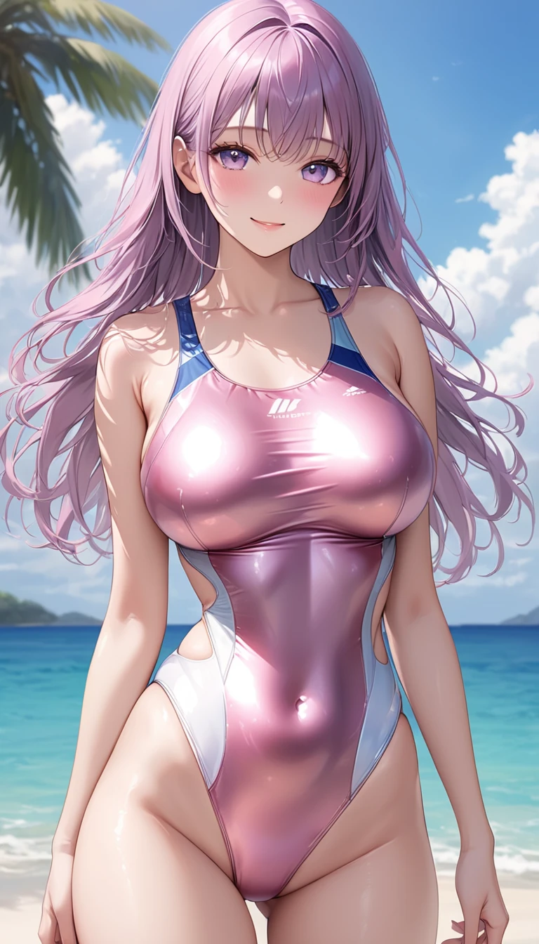 One girl, alone, masterpiece, Highest quality, Pink Cross Lace One Piece Swimsuit, Large Breasts,