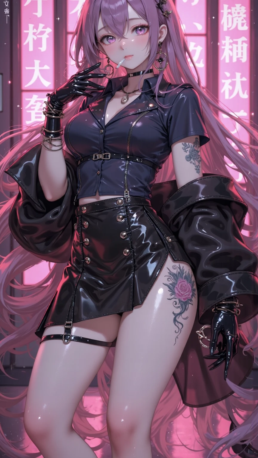 Black hair, pigtails, purple eyes, dynamic pose, black leather jumper, micro bra, side tie panty (dark: 1.2) high definition, masterpiece, best work
