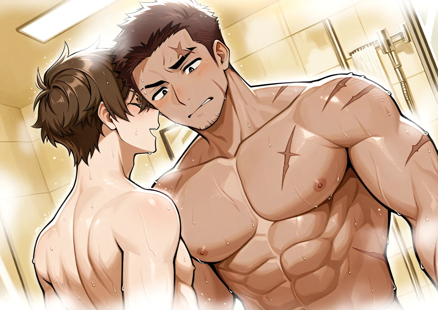 ((highest quality)), ((masterpiece)), (detailed), Perfect Face、(Yuuki Asuna)、((The woman is a Japanese woman with light brown hair.))、((A woman takes a shower in the bathroom with a man))、(Man showers with woman in bathroom)、(A woman hugs a man and gives him a deep kiss)、((The man is tall, well-built, and has a strong body with a big dick and balls.))、Man and woman naked、(A large amount of semen flows out of a woman's pussy)、((The woman has a look of pleasure on her face, and the man has a look of satisfaction.))、On a bed in an atmospheric love hotel room with pink lighting、night