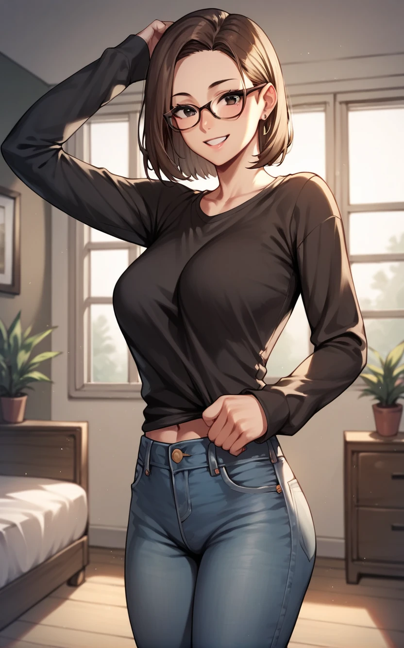 (Highest quality, High resolution,  Masterpiece, 4K), (Soft light、Luster of hair、Beautiful eyes)、young woman、The whole body is visible、Adorable smile、 ((Wavy medium short hair, bangs, Chestnut Hair)), ((Wistful eyes、Gray Eyes, Perfect Eyes)), ((Detailed face, blush:1.1)), ((Smooth texture:0.75, Realistic texture:0.65, Realistic:1.1, Anime CG Style)),Medium chest、Glamorous Body、(Sexy thighs、I see beautiful legs)、(Dark colored large size T-shirt、hot pants),Earrings、Angle from the front、Peeking into this、The bottom of the T-shirt is visible、Angle from below