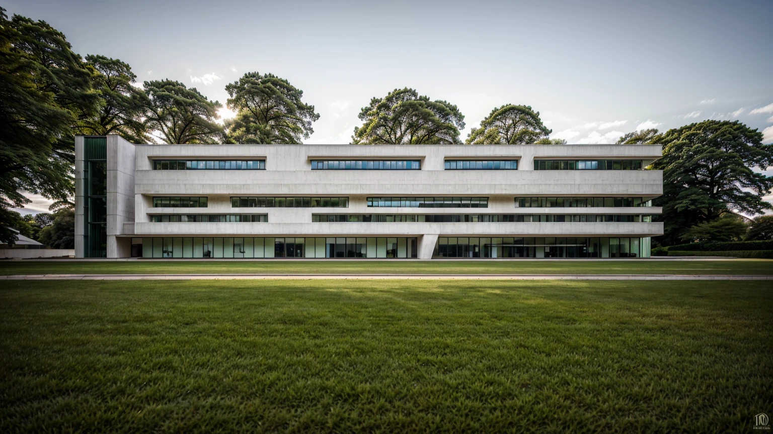 A modern corporate office building 4 storey, red , white facade, [few windows] , [few glass wall], minimalist and clean architectural style. The structure is multi-story with wide windows, minimal glass facade, sleek design lines, and a contemporary main entrance. Surrounded by green lawn and clear blue sky, with flags fluttering at the front. A company logo is displayed on the facade. Shot in daylight from a cinematic wide-angle perspectiv
