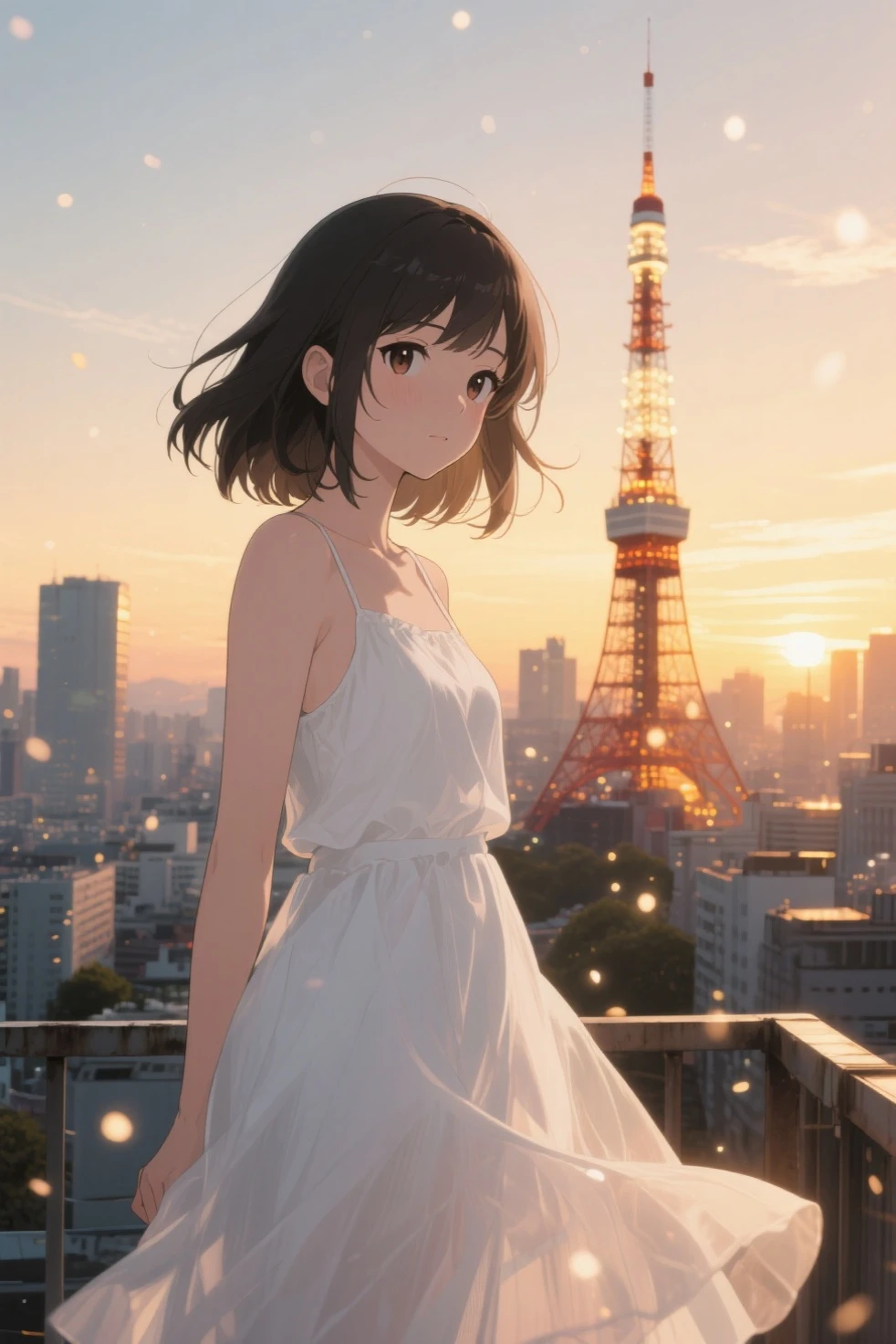 At the moment when golden hour turns into night、View from a rooftop in Tokyo with the skyline in the background。Beautiful Japan Woman、Wearing a white minimalist 、Standing facing the camera。Her long green hair fluttering in the breeze、The golden light creates a silhouette effect that envelops her.。Behind her are cherry blossoms in full bloom.、It symbolizes the peaceful coexistence of city life and nature.。In the image、Including the lights of Tokyo Tower and the moonlight.、The silence and beauty of the night are emphasized.。Camera settings are in manual mode、F score is f2.Range: 8 to F4、The shutter speed is 1/Over 250 seconds、ISO is set to 100 or 200。