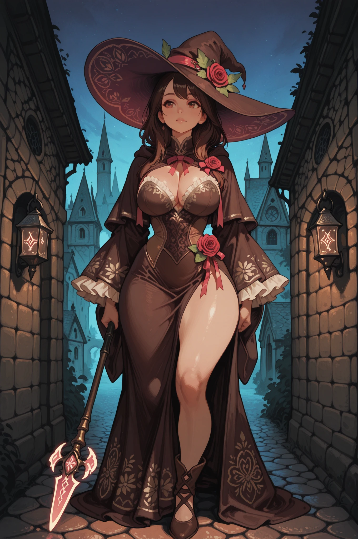 young girl, teenager ((16 years)), witch, bruja, hufflepuff, yellow clotes, hogwarts al fondo, hogwarts, noche, night, Renacimiento,renaissance, muy detallado, Realistic long-term photography., 4k, pelo largo, brown hair, By the chestnut, labios rojos, sexy,red lips, brown eyes, big breasts, pechos grandes,