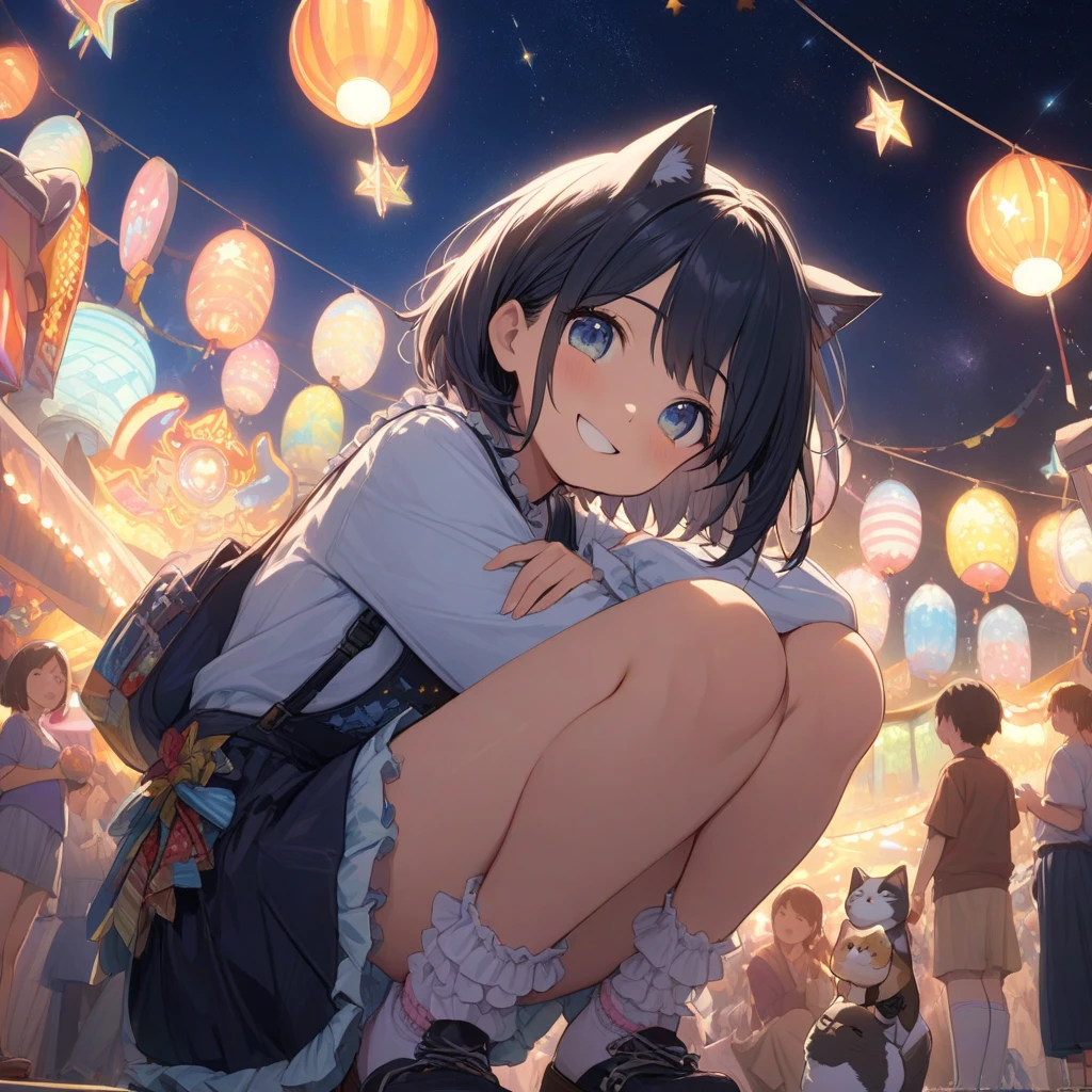 {{{Masterpiece, highest quality, high resolution background}}}, Bright and beautiful atmosphere, 1 girl (7 years old, round face, baby face), small breasts, rough clothes, girl squatting in the dark and playing sparklers A very happy mini pig, "deltamon_sdXL :0.73)>Deltamon"