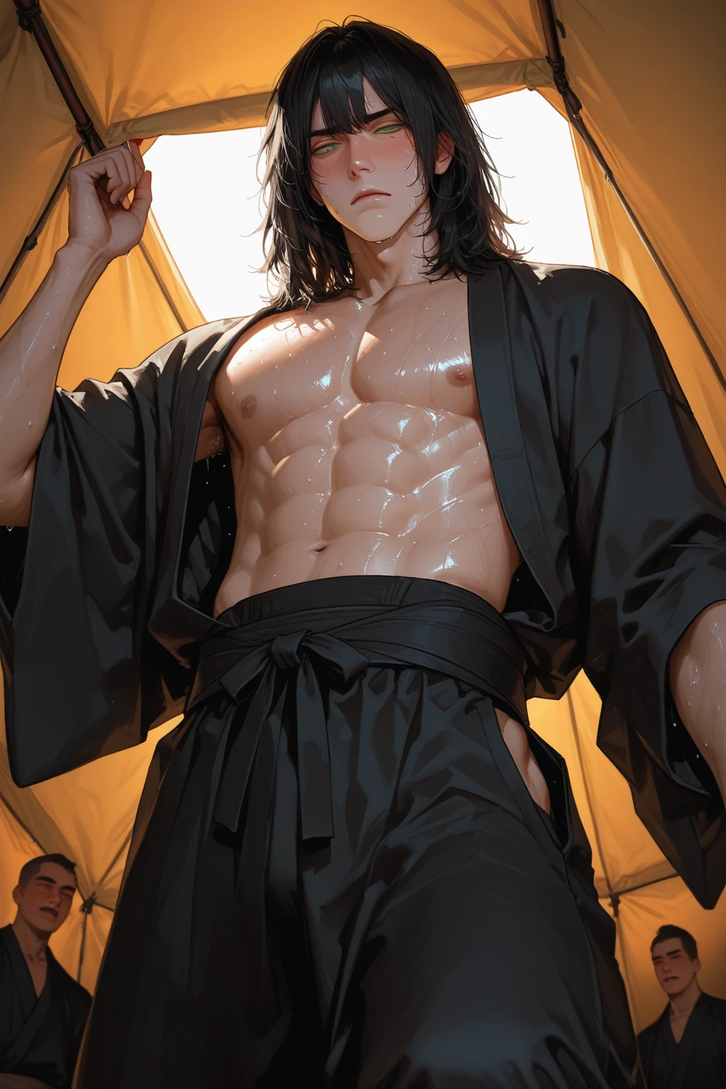 A 35-year-old man，stage，Light silk bathrobe，Thin muscles，Supine，Legs open,The crotch of the silk thong bulges,Male Love，Black medium length hair，Black eyes，hansome，Sexy