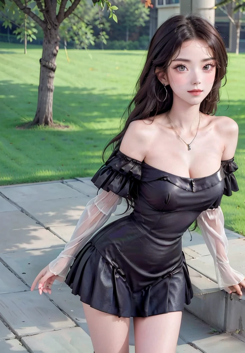 ((((Highest quality))))、(((Ultra-precision CG16K wallpaper)))、(((masterpiece)))、(((Super detailed)))、(((Extreme detail)))、((1Mature 29 year old woman:1.6))、((Very beautiful Japan face of a person))、((Urizane Face:1.8))、((Medium Straight Hair:1.8))、(Shiny Hair)、A delicately drawn beautiful face、(Dark Eyes、Reflected light from the eye)、double eyelid、High nose、Small nostrils、Small Mouth、Seductive lips、Beautiful breasts、((C cup size breasts))、Cleavage、Delicate nails、Beautiful feet、Thin thighs、eight-headed body、Perfect proportions、Perfect Anatomy、Perfect composition、Beautiful detailed shading、Beautiful, natural lighting、Beautiful detail glow、Depth of written boundary、(((High chroma)))、(((Real:1.9)))、((vivid:1.5))、((Beautiful Skin))、((Skin Texture))、((Realな皮膚感))、(((Cowboy Shot:1.6)))、(((front view、shoot from front、front low angle:1.6)))、(((smile:1.6)))、(((looking at viewer:1.6)))、Bright daylight、Natural light、(((background_Grass Square、Sky and Clouds:1.5)))、(Standing pose:1.6)、(((Navy blue cotton off-the-shoulder lace-up mini dress:1.6)))、((hair band、necklace、Wearing earrings:1.5))、((Lace Stockings Clothed:1.3))、