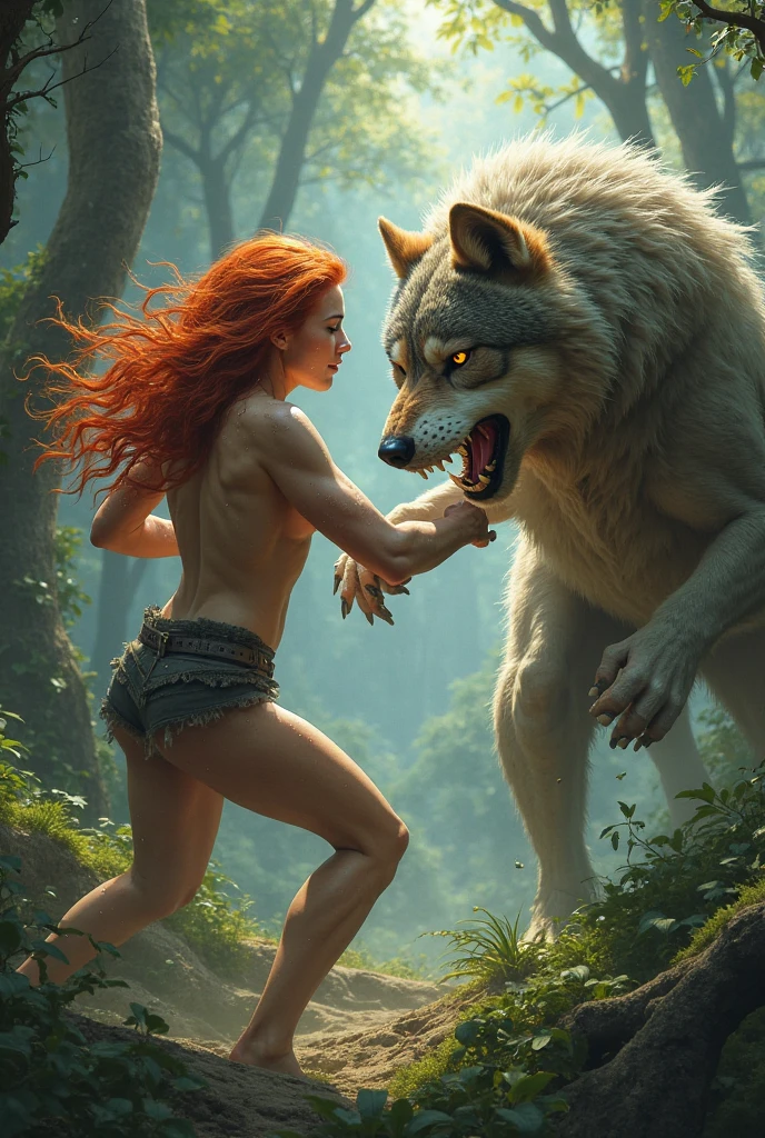 Art in colorful style Alex Horley, woman of short stature, slender and athletic, agile, full body, slightly pointed ears, dark brown skin, reddish-yellow gradient red hair like flames, wearing rustic wild fur adorned with teeth and feathers, hidden in the forest between foliage and branches, Amazon rainforest scene, ultra HD images.