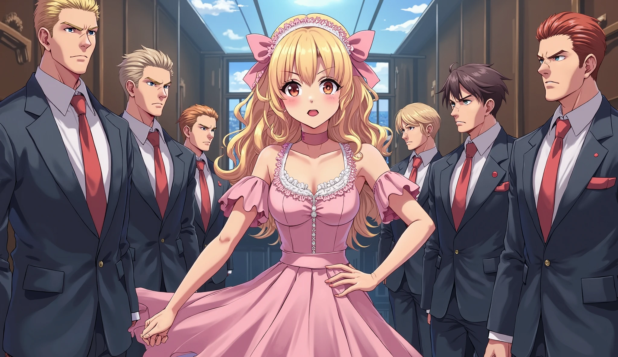 ((Highest quality)), ((masterpiece)), (detailed), (Perfect Face)、The woman, Lacus Ram Tao, is happily walking down the red carpet aisle, embraced by Orpheus, a handsome man with blue eyes, medium-long pink hair, and slightly longer blonde hair wearing a white tuxedo.、The woman is Queen of Accord, wife of King Orpheus of Accord, wearing a vintage wedding dress and wedding veil with gorgeous gold embroidery and trim, an engagement ring, beautifully decorated accessories, and gorgeous hair ornaments. She is named Lux Lam Tao and has medium-long pink hair.、Beloved wife of Orpheus, King of Accord