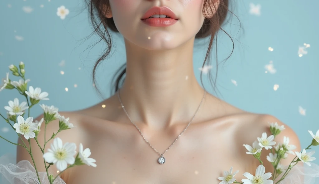 (((highest quality, 8k, masterpiece))), sharp focus, thin, cinematic lighting、perfection、soft light、high resolution skins:1.3、realistic skin texture、30 year old mature woman、small face、no makeup、short hair、dark brown hair、Detailed beautiful eyes、bust B cup、small breasts、wearing a pendant、Supermodel、cool beauty、gray background、