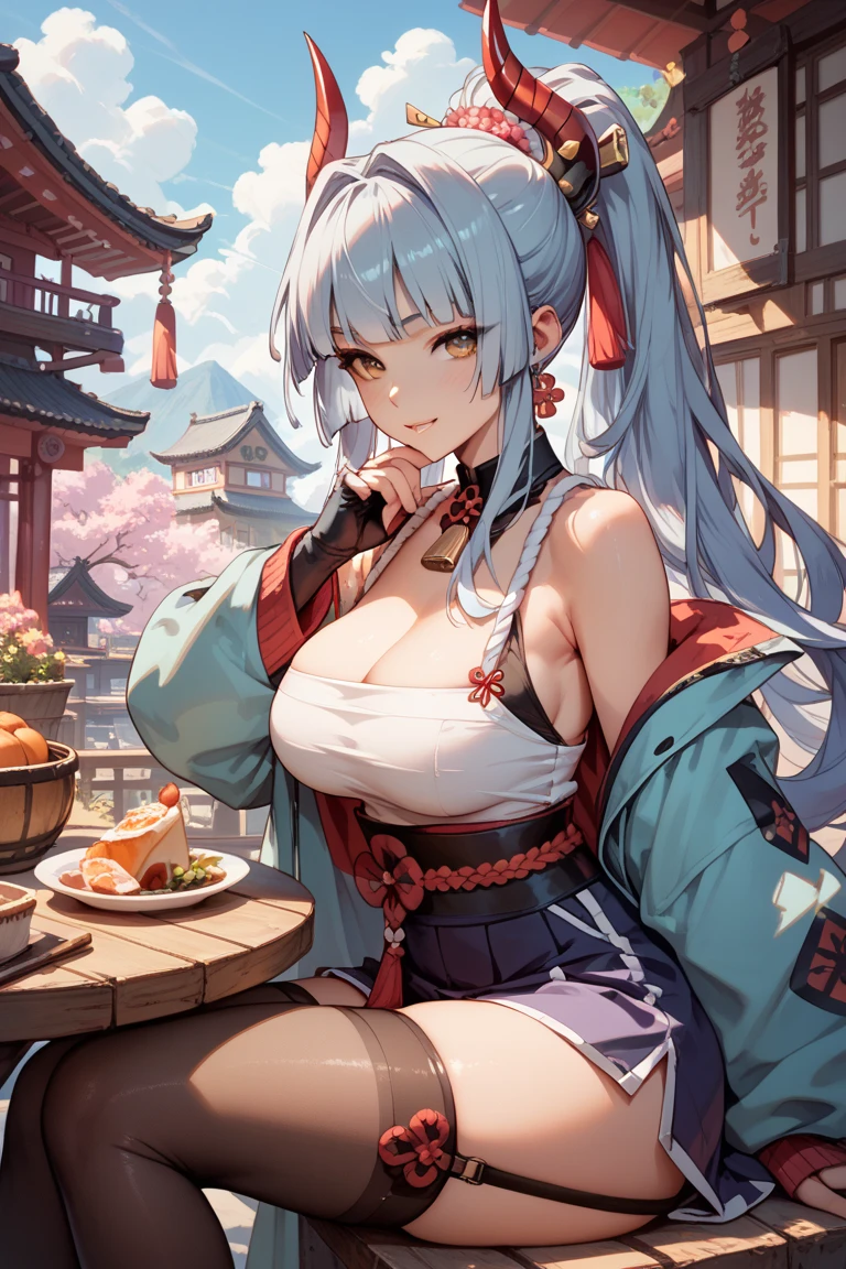 (((masterpiece, best quality))), (((superior quality))), cute girl, ((extremely detailed girl)), ((huge breasts)), yukata, bare shoulders, strapless top, long silver hair, happy
