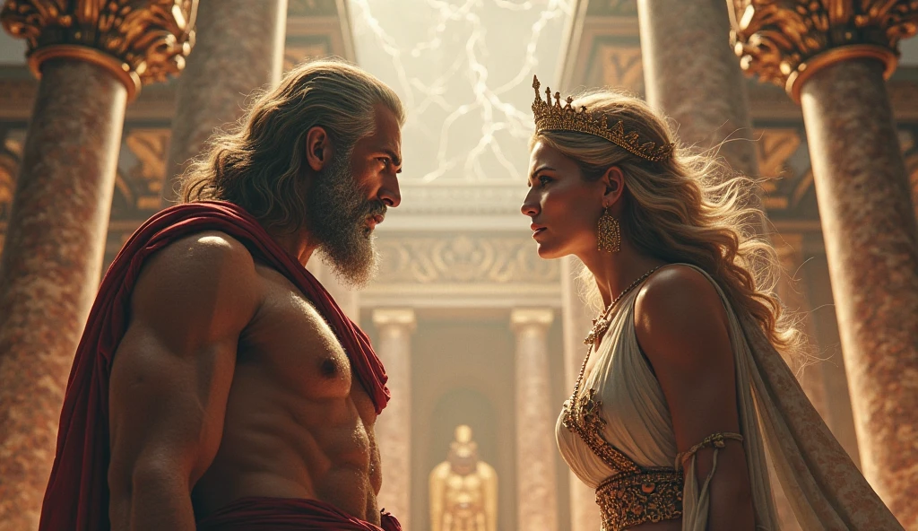 Draw four muscular men wearing clothes of Greek gods from a kingdom and in the middle a white-haired woman wearing princess clothes