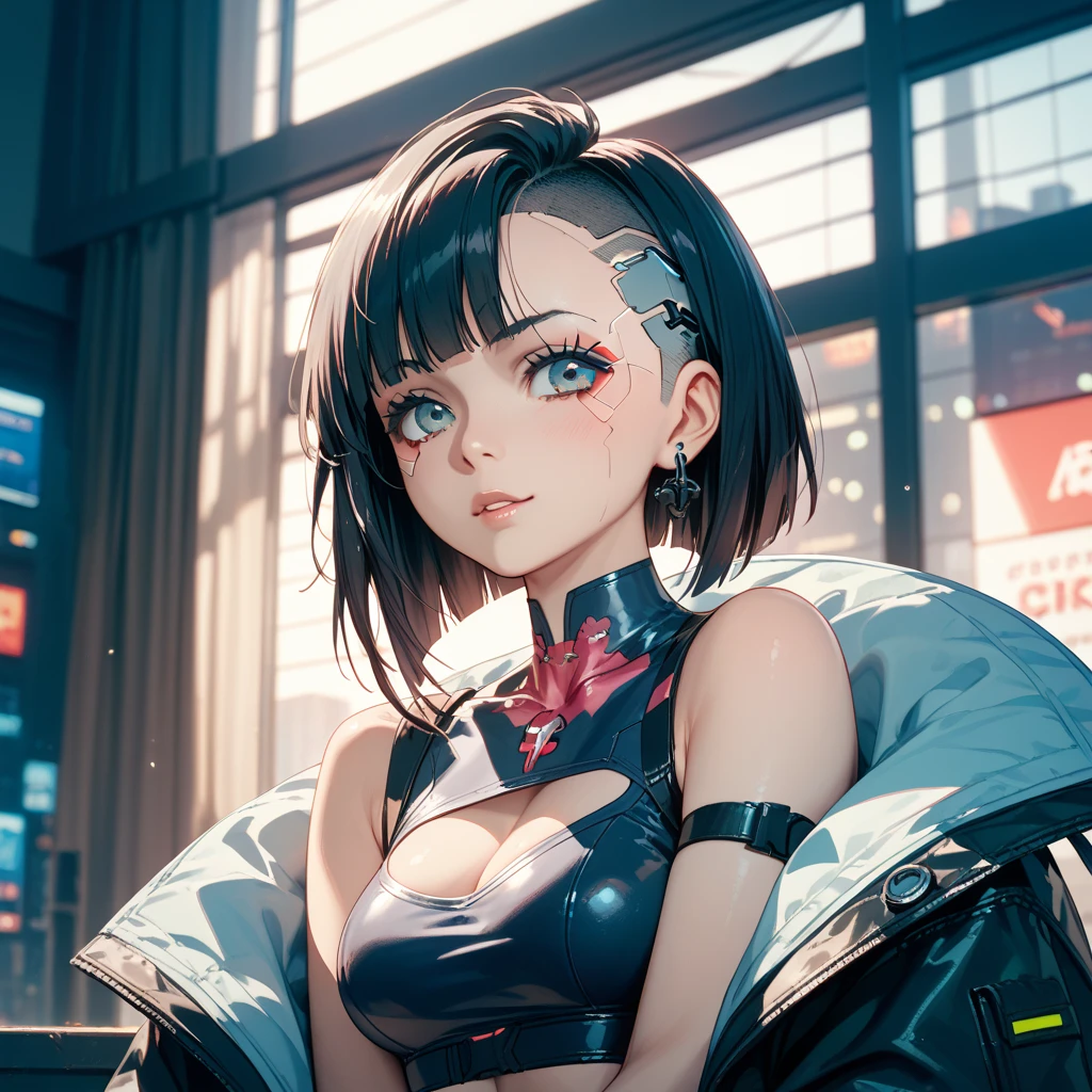 masterpiece, Best quality, (1 girl), (solo) (front facing), (upper body), (smile),(from front), (portrait), (night), (pose for picture), (dystopian city street), (large breast), (cleavage), (long hair),, (underboob), red costume, black, gloves, dress boots, black gloves, puffy sleeves, black dress),(cyberpunk costume), (blonde hair), (green eyes), feather-trimmed sleeves anime, realistic, masterpiece, (bobcut, bangs), (A2 costume) (cyber_mark), ( facial mark), (cyberpunk suit), (demure), (dark room), (neon lights), (cyberpunk room), (widwscreen photo)