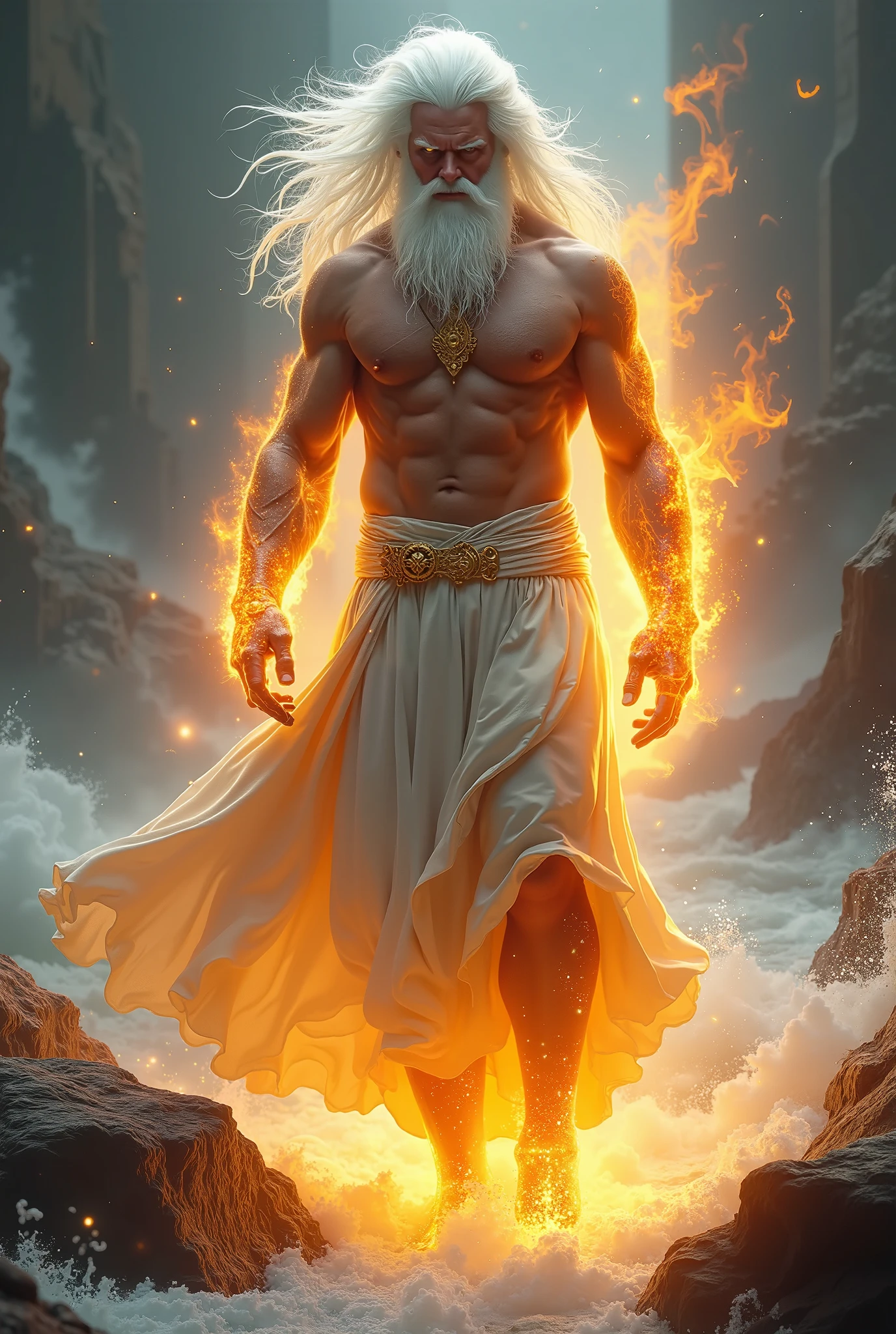 Prometheus having a light aura writing with a flaming feather