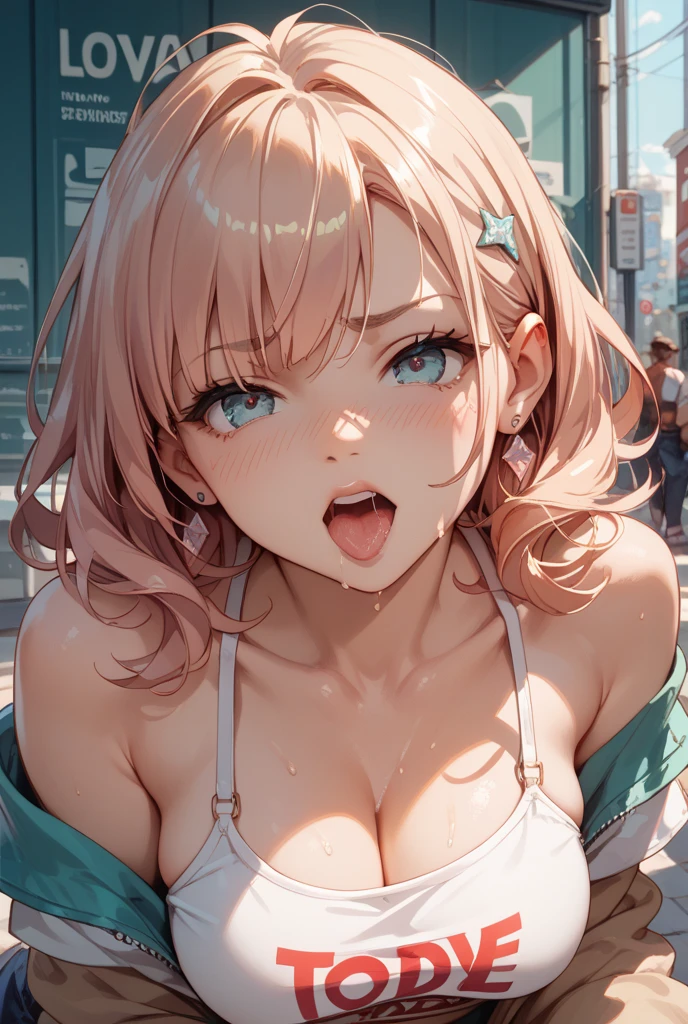 [1girl, Maruyama Aya, BanG Dream!], beautiful detailed eyes, pink eyes, half-closed eyes, (tareme), (opened big mouth, licking, Sticky tongue), nsfw, (close-up mouth), (curvy, Slender),(cleavage),(huge nipple), from above, Highest quality, Super detailed, masterpiece, Ultra-high resolution, 8k, Embarrassing, blush, Lovely, (With tears in my eyes), Sticky saliva