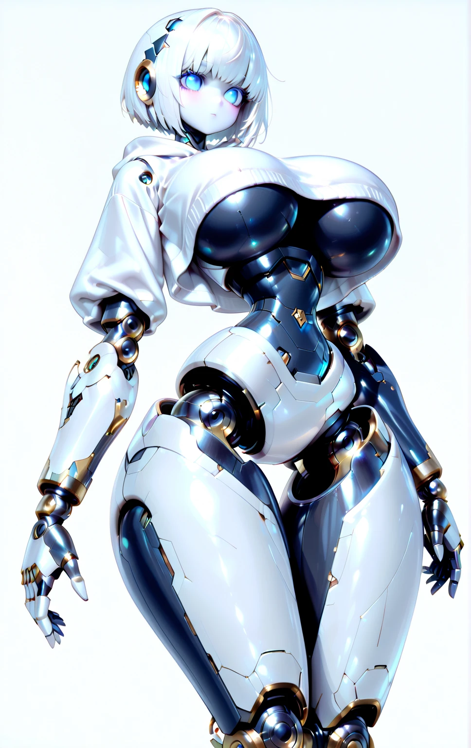 (1GIRL, alone, 独奏), (super detailed face), (Black Long Hair:1.2), (BIG BUTTOCKS, 11 LINE ABS, CLEAVAGE, HUGE FAKE BREASTS:1.5), (MECHA GUARD ARM:1.3), (A girl wearing sexy clothing,scantily clad,Whit cyberpunk sexy maillot,tight clothing,maillot,tight,fitting closely,High slit tight fitting clothing,Glowing eyes,Gloves,(A huge chest:1.4),Large area of skin,The only person,lackluster in one's eyes,A cold expression,White woman,mechanical artificial limb,Mechanical neck,mechanical high heel stiletto boots, Slim waist, Wide hips,High target,Full body portrait,完美的woman身体,woman形象,High-tech laboratory,woman,a voluptuous figure,Mechanical joints,Cyberpunk,Half of the chest is not covered,Thigh gap, Ceramic material,Hollow waist,Facing the audience,very short shaved hair,White hair,crew cut,tomboy, giant breasts, giant ass, very curvy, shiny silver hair, bright blue coloured eyes, cyborg, robotic arms,mechanical parts,Bare thighs,Sexy clothing,Mechanical headphones,Expose buttocks,Bare waist,Large area skin exposure, MECHA GUARD ARMOR LEGS, HIGH HEELS:1.5), (THICC MUSCULAR FEMALE BODY, SEXY LONG LEGS:1.1), (LOOKING AT VIEWER:1.3), (female focus:0.886),(BRIGHT LIGHTING:1.5), ULTRA HIGHT DEFINITION,Whit,highleg leotard,cyborg,cyberpunk