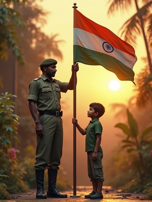 Two childboy in police dress take indian flag in hand