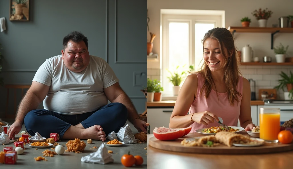 (A female athlete, the epitome of fitness and beauty, with a body sculpted like a Greek goddess, standing tall and proud in a modern, well-equipped gym. Her chiseled abdominal muscles ripple as she smirks, showcasing her dominance. Her boyfriend, a stark contrast at 200 kg, lies on a plush, food-laden couch in the center of the room, surrounded by a mountain of fast-food wrappers and containers. His flabby body is covered in crumbs and grease, a clear testament to his indulgence in the fatty foods she feeds him. With a playful yet firm grip, the athlete holds a dripping cheeseburger in one hand, teasingly bringing it to his lips as he opens his mouth to accept it. Despite his protests and whimpers, she continues to satisfy her feederism fetish, ignoring his pleas for mercy. His eyes, once filled with love and adoration, now reveal a mix of fear and desperation as he realizes he is merely an object to satisfy her desires. The gym's mirrors reflect their disparate figures, highlighting the power dynamics at play. The room's lighting casts a stark contrast between her toned physique and his shadowy bulk, symbolizing the stark divide in their lifestyles and roles in this unorthodox relationship. The scene is both captivating and disturbing, leaving the viewer to ponder the complexities of control, desire, and the human form.she alwayad tied up her boy friend in the chair, so it will be easy for him to force-feed her boyfriend , As a result of her actions, her boyfriend stomach became so big that it hung down to his knees.