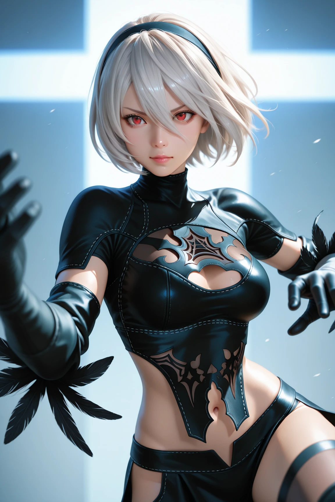 Perfect masterpiece, MAXIMUM IMAGE QUALITY, MAXIMUM detailed, vibrant colors, ultra realistic anime style, FUTURISTIC NIER AUTOMATA WORLD IN A CYBERPUNK STYLE DESIGN BACKGROUND, 21 year of age, 1girl, A2 TWIN SISTER (NIER AUTOMATA), swaying MADARA UCHIHA SILVER HAIR hair, black eyeliner, natural pink lips, sexy REVEALING ninja outfit, NIER AUTOMATA, ninja academy, wind effect, dynamic pose, dramatic lighting, medium shot, intense expression, high contrast, depth of field, ultra highres, DIGITAL 8k art, SHE standing in ninja fight stance, UNREAL ENGINE 5 EPIC QUALITY INSPIRED BY final fantasy 7 remake 3d cgi IN 8K RESOLUTION, Extremely detailed AN IMAGE QUALITY RENDERED IN 8K, NVIDIA RTX 5090 ULTRA QAULITY RAYTRACING IN SHADOWS AN LIGHTING AN REFLECTIONS, REALISTIC RAYTRACING EYE HIGHLIGHTS, REALISTIC RAYTRACING ON GLOSSY LIPS, REALISTIC RAYTRACING, REALISTIC RAYTRACING ON GLOSSY SKIN IN 8K RESOLUTION