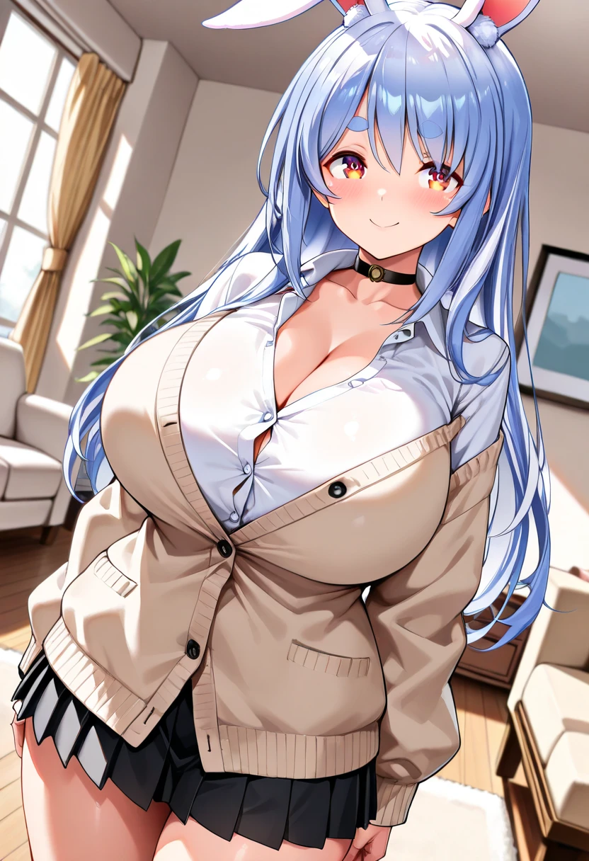 My name is Yukiko.I am a white test woman with long light blue hair,red eye color.I am 1.62 cm tall . My breasts measure 200 cm, my waist 40 cm and my hips 200. Dressed in a low-cut pink blouse along with a black belt around my waist and a white skirt . With huge breasts 200 cm