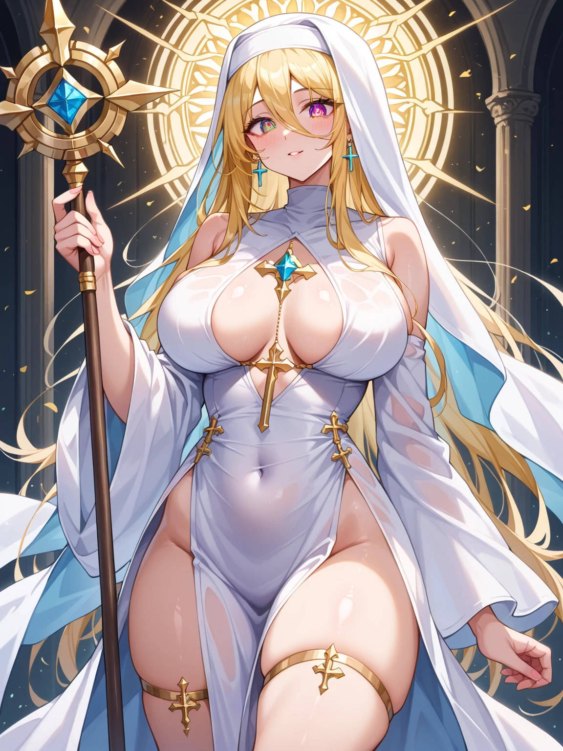 masterpiece, highest quality、1. A woman with beautiful eyeint, blue eyes, braid、long blonde hair、hair between eyes)、((big breasts、huge breasts、big areola、erect nipples))、 (((((Full naked、nudist)))))、 (((pubic hair、hairy、pubic hair、pubic hair)))、laughing、inner thigh、pigeon-toed、