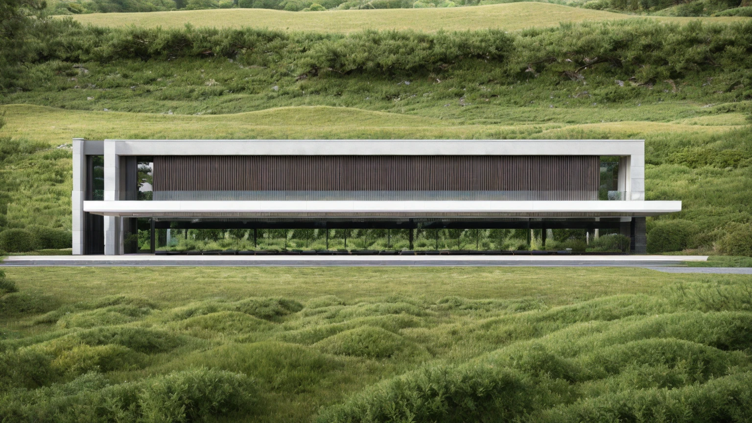 exterior architec ture, Lecorbusier style, white house , plant around the building, sky, trees, the building in forest, surrounded by green grass hills, All pictures are real, 100% real pictures, high quality, clear pictures , hyper realistic, depth of field , modern architecture, minimal architecture , futuristic architecture