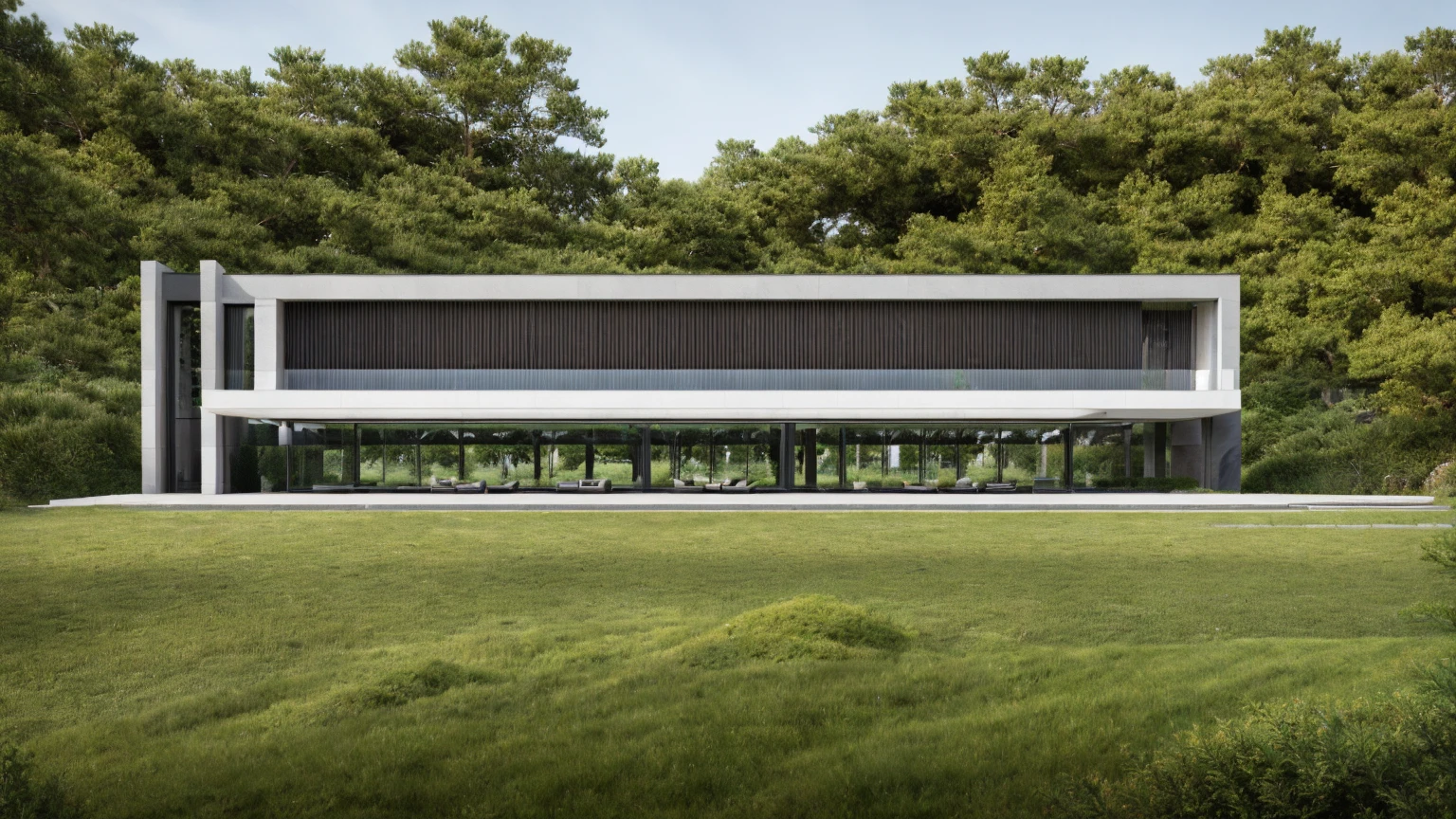 exterior architec ture, Lecorbusier style, white house , plant around the building, sky, trees, the building in forest, surrounded by green grass hills, All pictures are real, 100% real pictures, high quality, clear pictures , hyper realistic, depth of field , modern architecture, minimal architecture , futuristic architecture