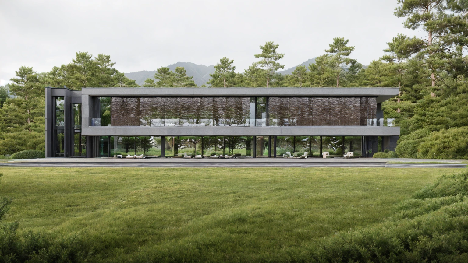 exterior architec ture, Lecorbusier style, white house , plant around the building, sky, trees, the building in forest, surrounded by green grass hills, All pictures are real, 100% real pictures, high quality, clear pictures , hyper realistic, depth of field , modern architecture, minimal architecture , futuristic architecture