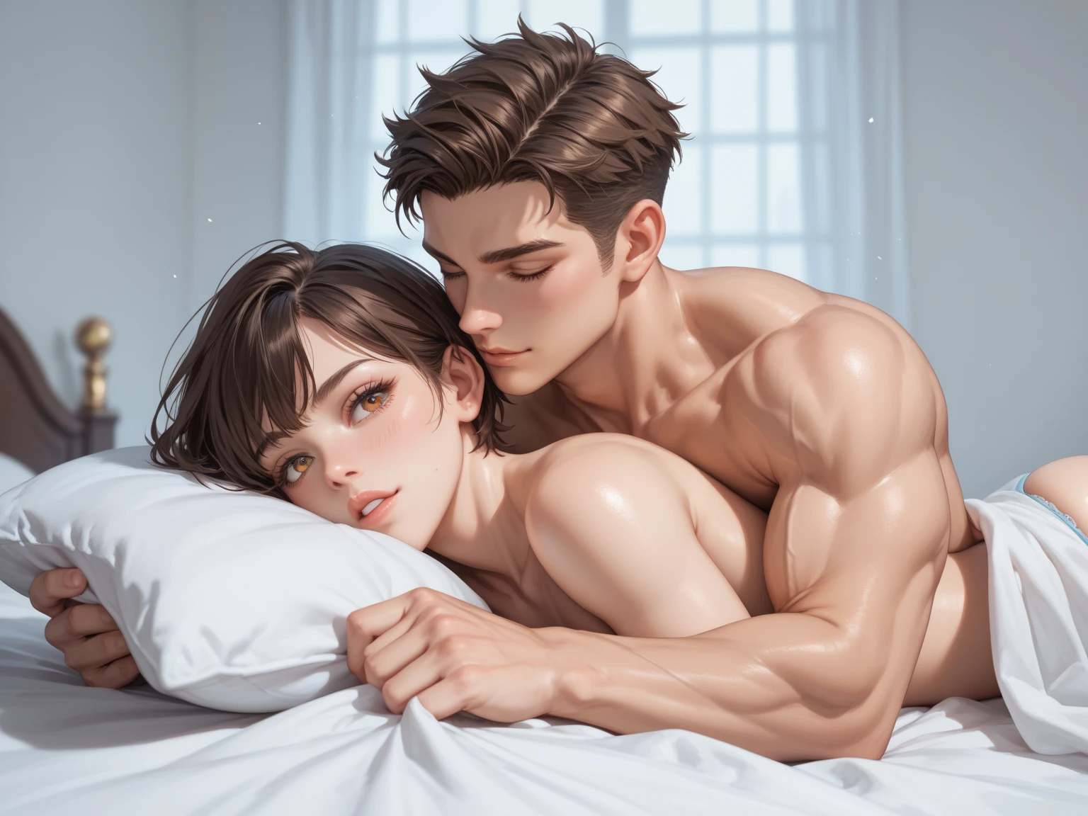 The man in his 45s with black very short hair and smooth face with moustache. The woman in her 45s with brown wavy long hair. They are naked. In bed. Night, dark, dim. The man is sucking the woman's vagina. The woman is moaning. Orgasm. Passion. Erotic. Realistic. Ultra realistic.